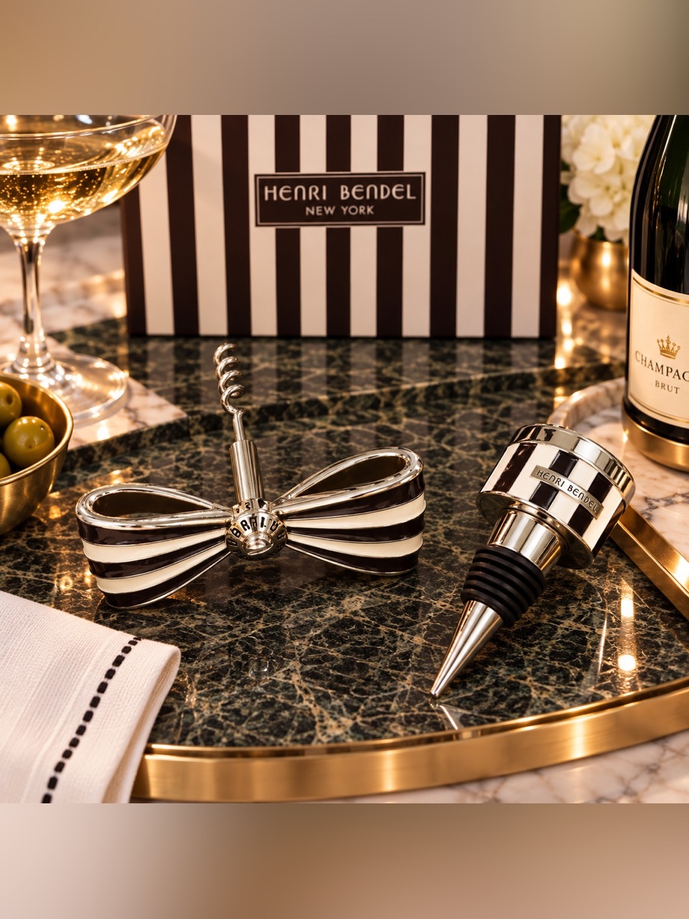 Henri Bendel Bow & Present Wine Stopper and Corkscrew Bar Set